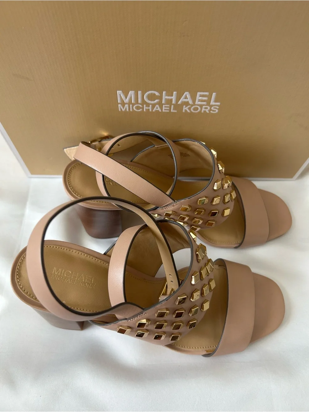 🩷Michael Kors💛”Valencia”Blush Pink Leather Studded Ankle Slingback Sandals-NIB